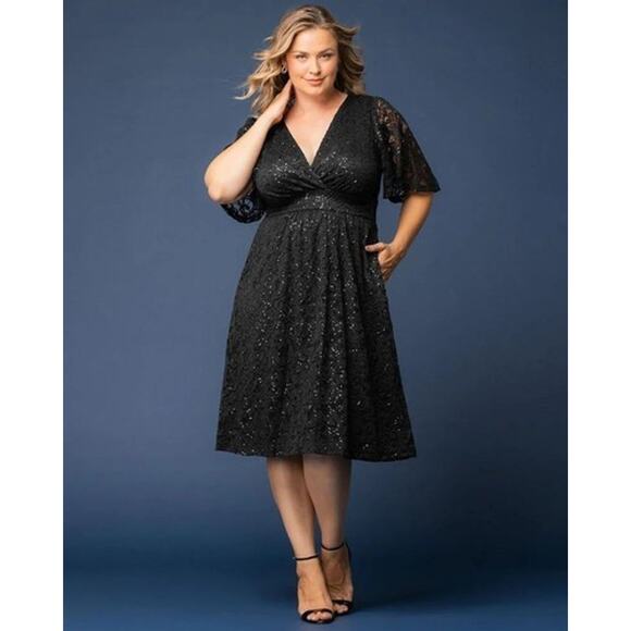 Kiyonna Starry Sequin Lace Dress 4X Black Pockets Flutter Sleeves LBD Party - Picture 1 of 7